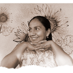 Composición gráfica: Retrato de Girasol e ilustración de girasoles
