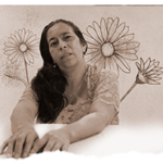 Composición gráfica: Retrato de Margarita e ilustración de margaritas