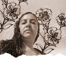 Composición gráfica: Retrato de Clavelito e ilustración de claveles